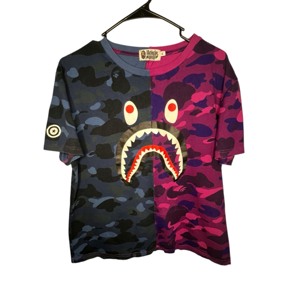BAPE A Bathing Ape Pink And Blue Split Camo Shark Face Short Sleeve T-Shirt